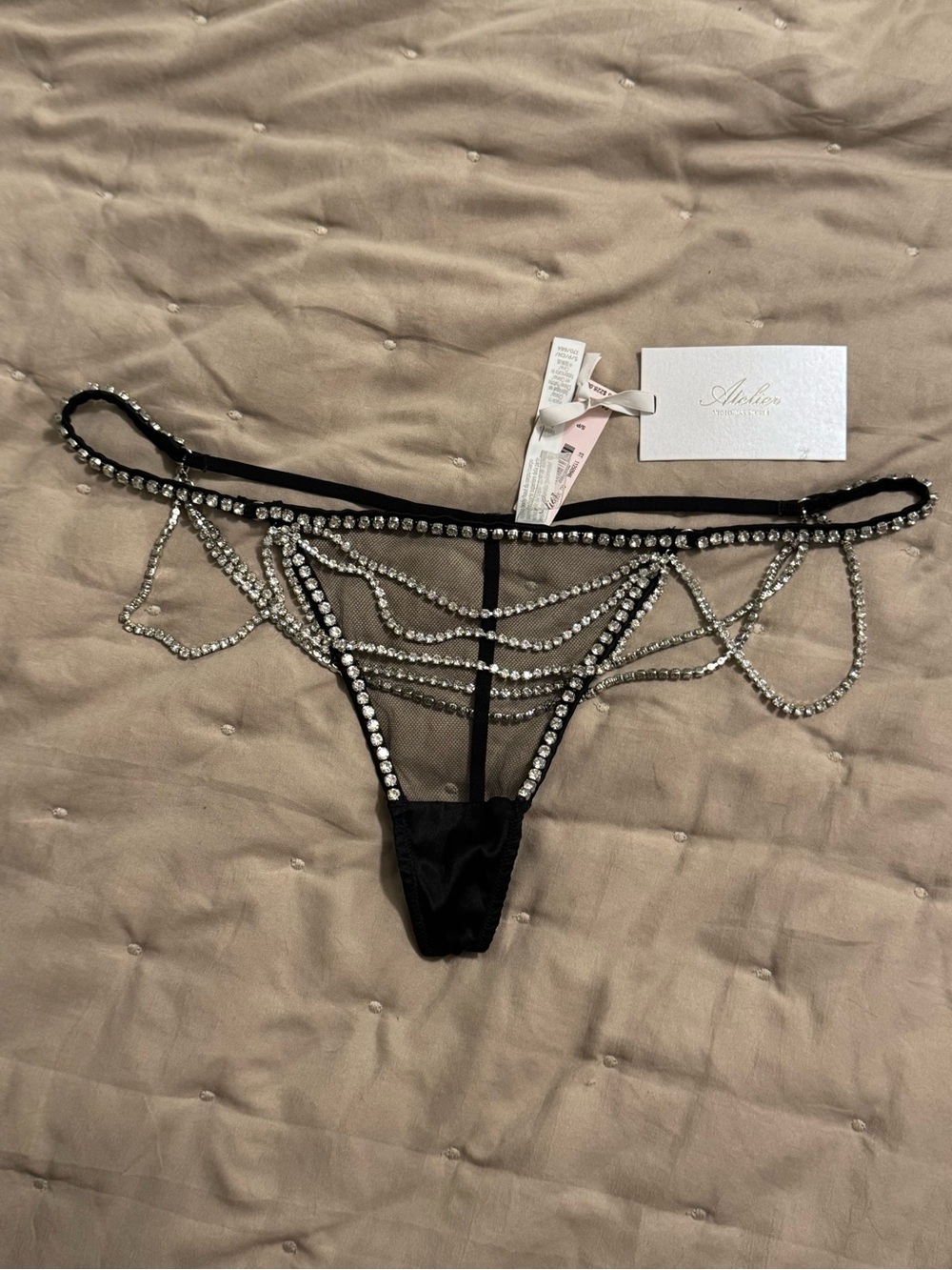 Victoria's Secret Black Rhinestone Draped T-Back Thong